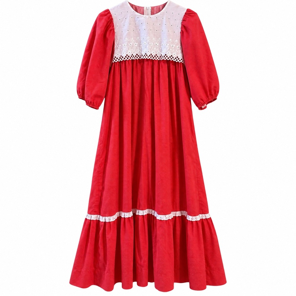 Vintage 70s 80s Jacqueline's Prairie Maxi Dress 15/16 Red Eyelet Puff Sleeve